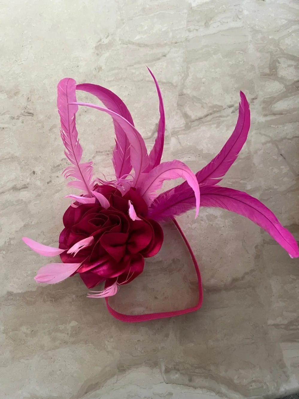 Derby Fuchsia Satin Rose and Feather Fascinator Hair Accessory or Band for Hat. - Picture 3 of 5
